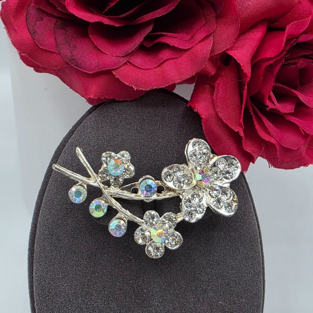 Rhinestone Flower Branch Brooch Pin Silver Tone AB Crystals Jewelry Glamorous